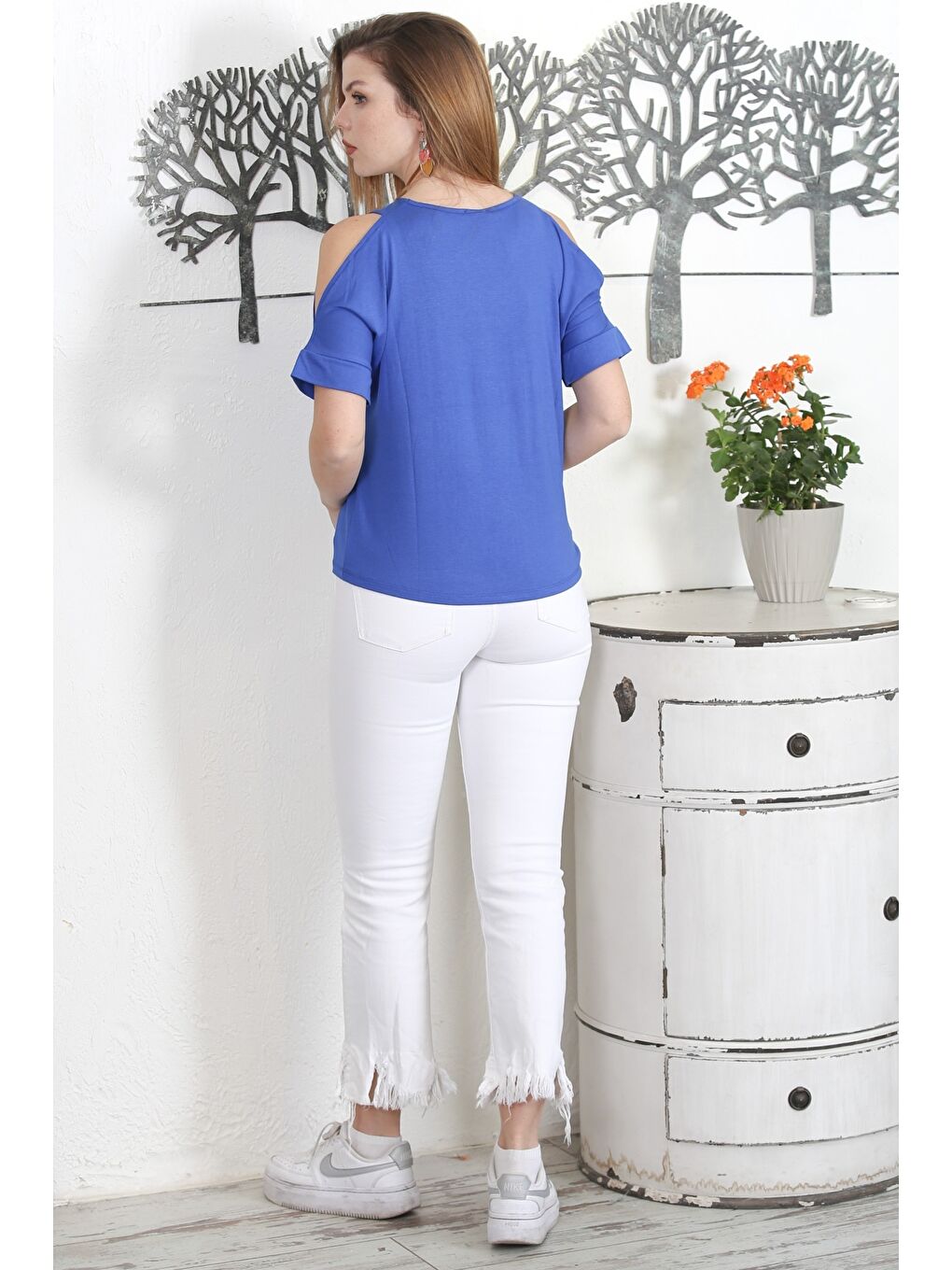 Mavi V Yaka Omzu Açık Örme Casual Bluz-5