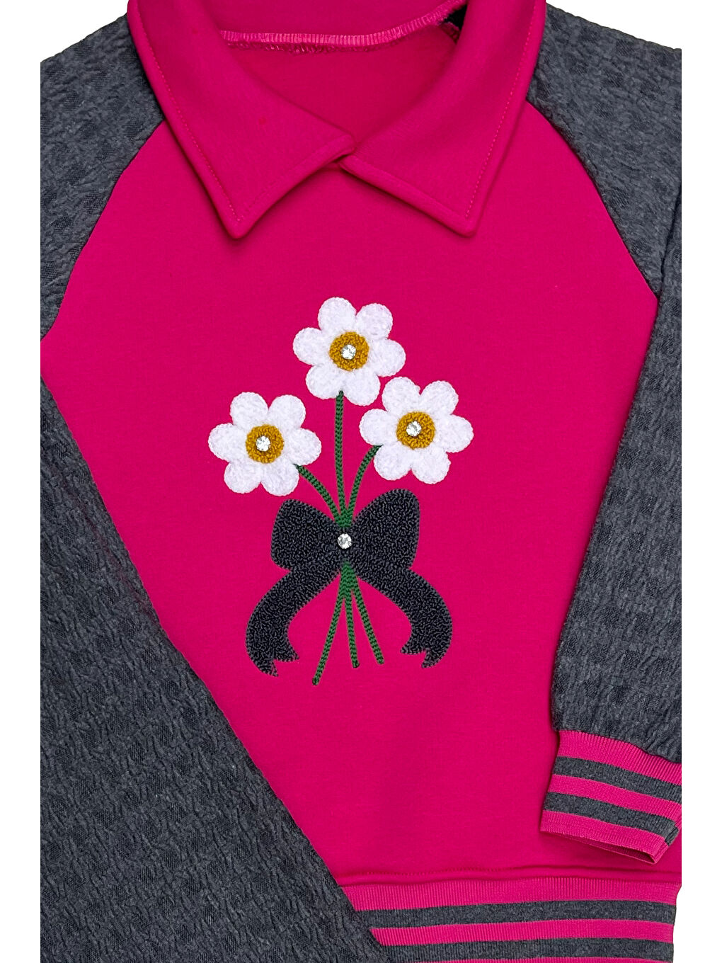 Fuşya Kız Çocuk Papatya Nakışlı Ribana Detaylı 3 İplik Alt- Üst Takım 12322-3