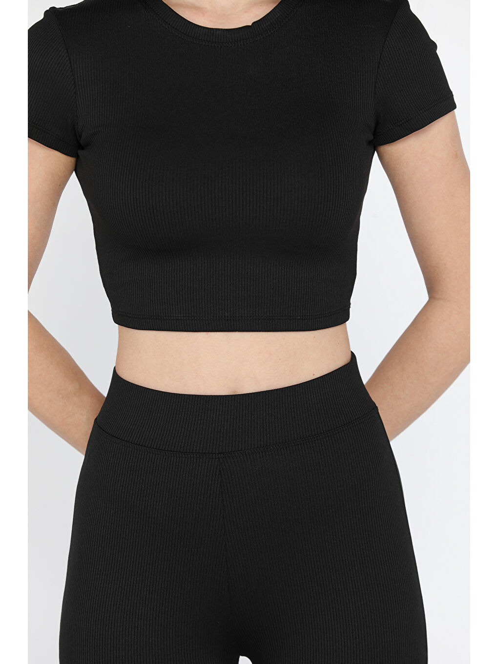 Siyah Kadın İspayol Paça Tayt Crop Fitilli İkili Takım-3