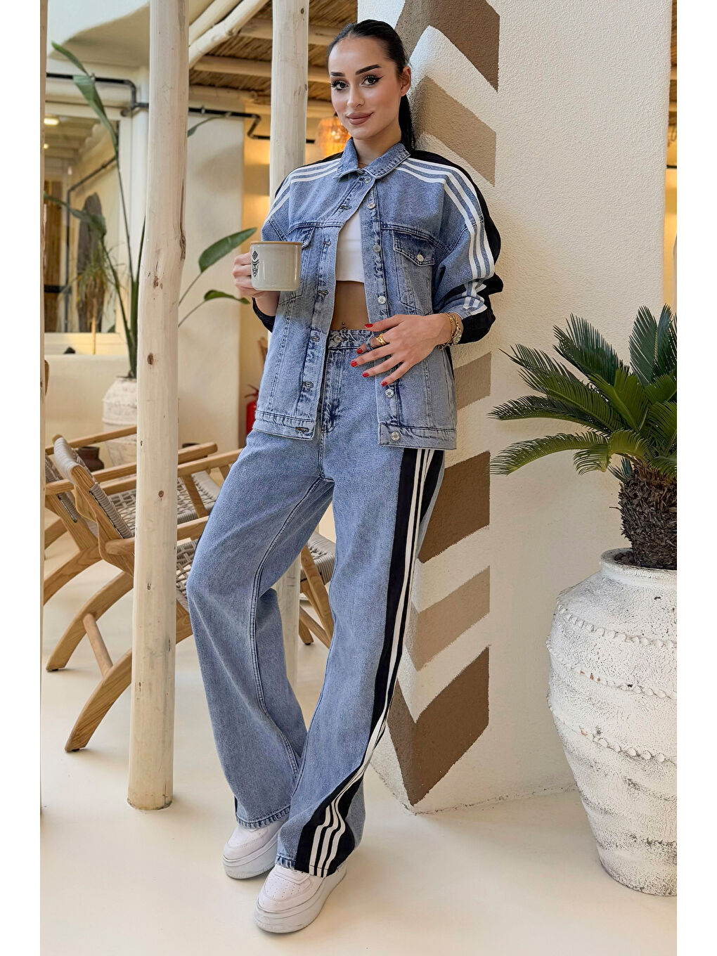 Siyah Kadın Jean Garnili Şeritli Ceket Pantolon İkili Takım