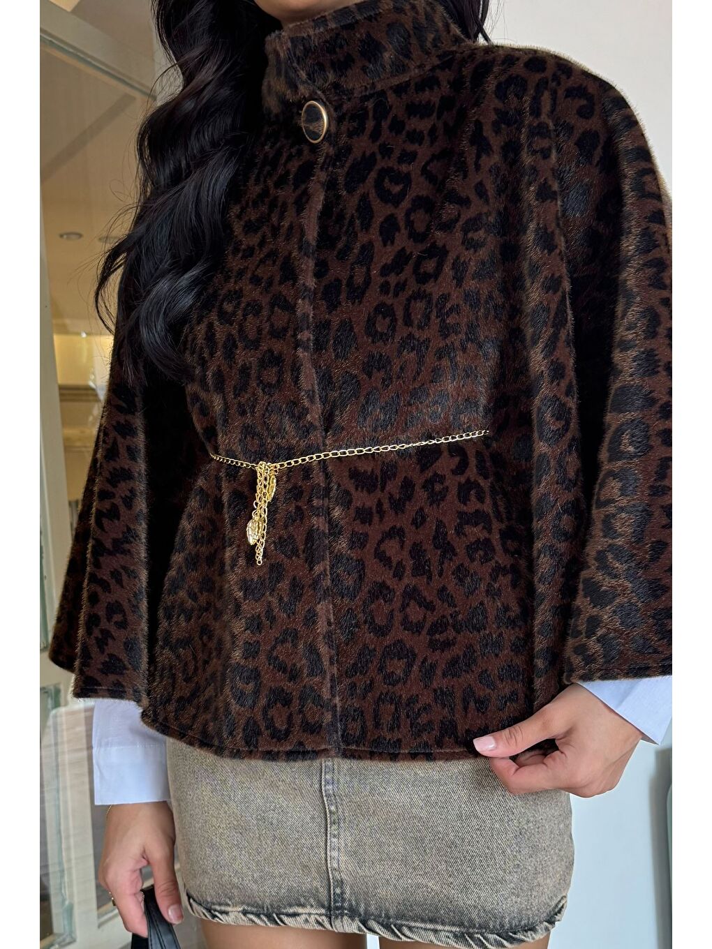 Haki Kadın Leopar Desen Su Fırçalı Kaşe Panço-3