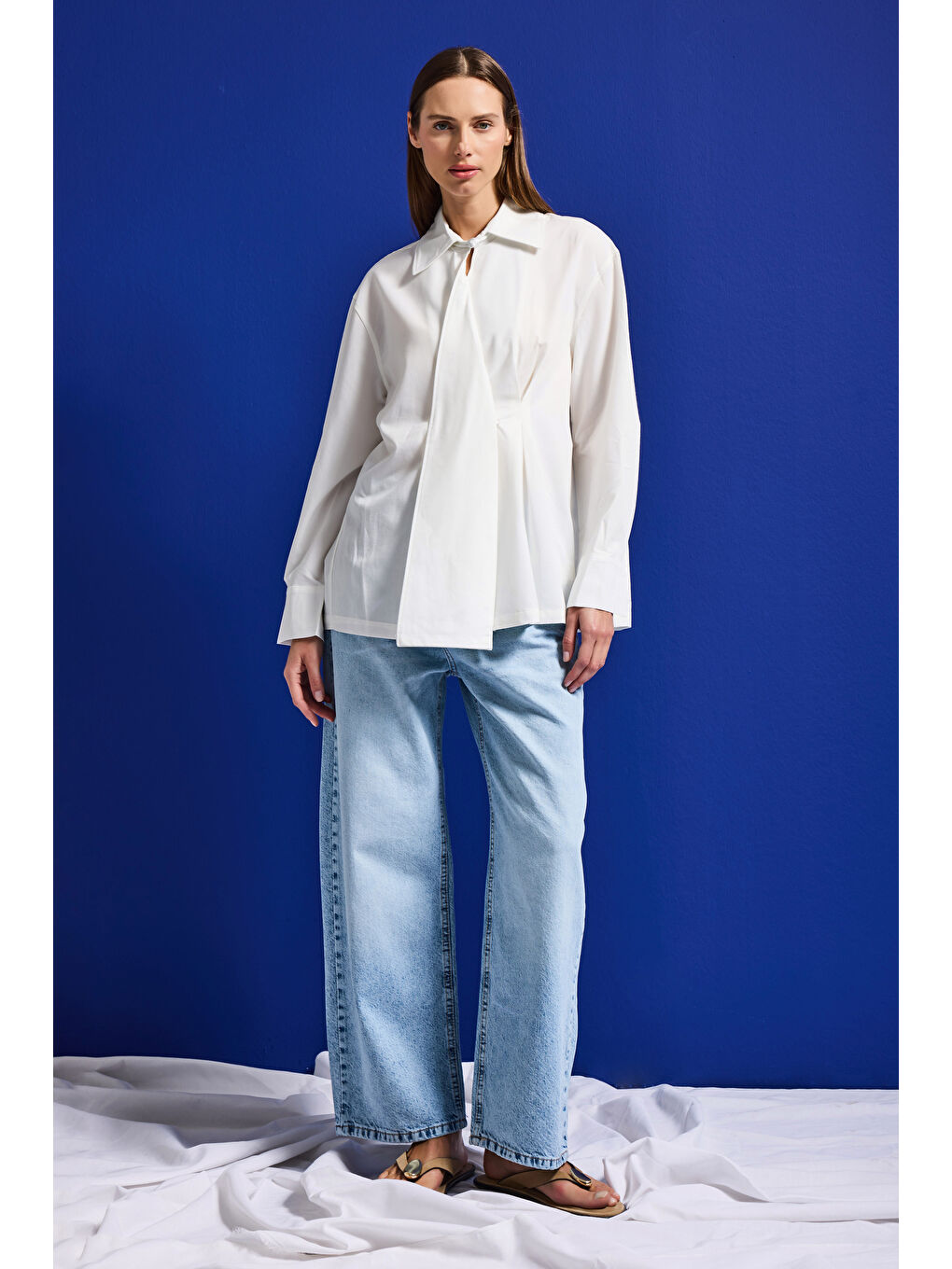 Kadın Beyaz w5 Oversize Özel Pamuk Kumaş Tasarım Gömlek-4