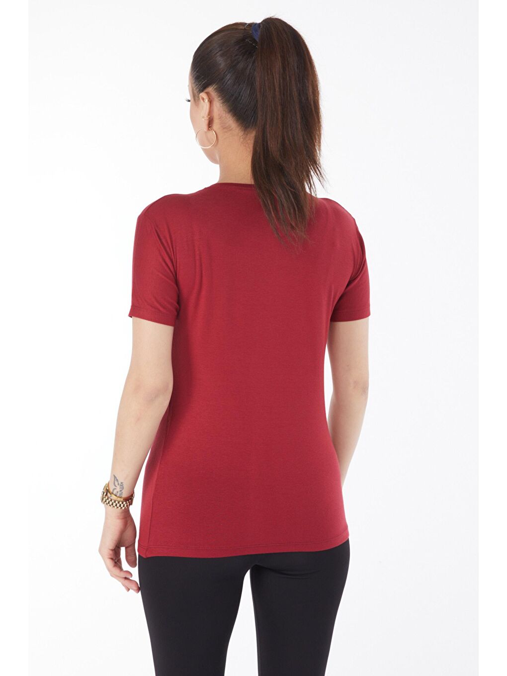 TOFİSA Bordo Düz Bisiklet Yaka Kadın Bordo Kısa Kollu Baskısız T-shirt - 24764 - 4