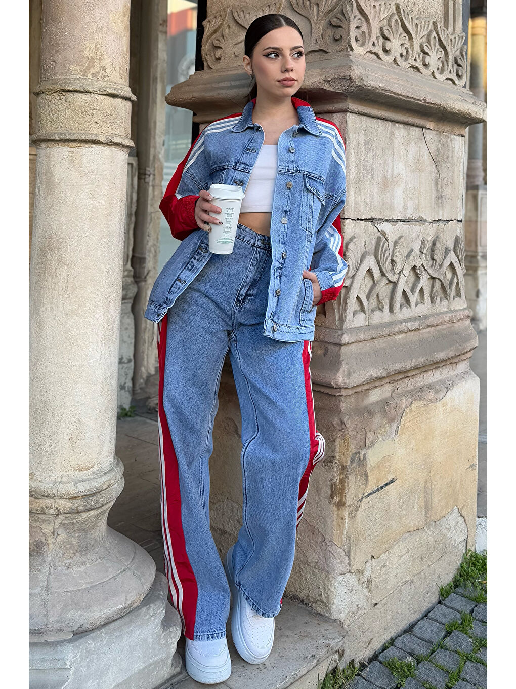 Kırmızı Kadın Jean Garnili Şeritli Ceket Pantolon İkili Takım