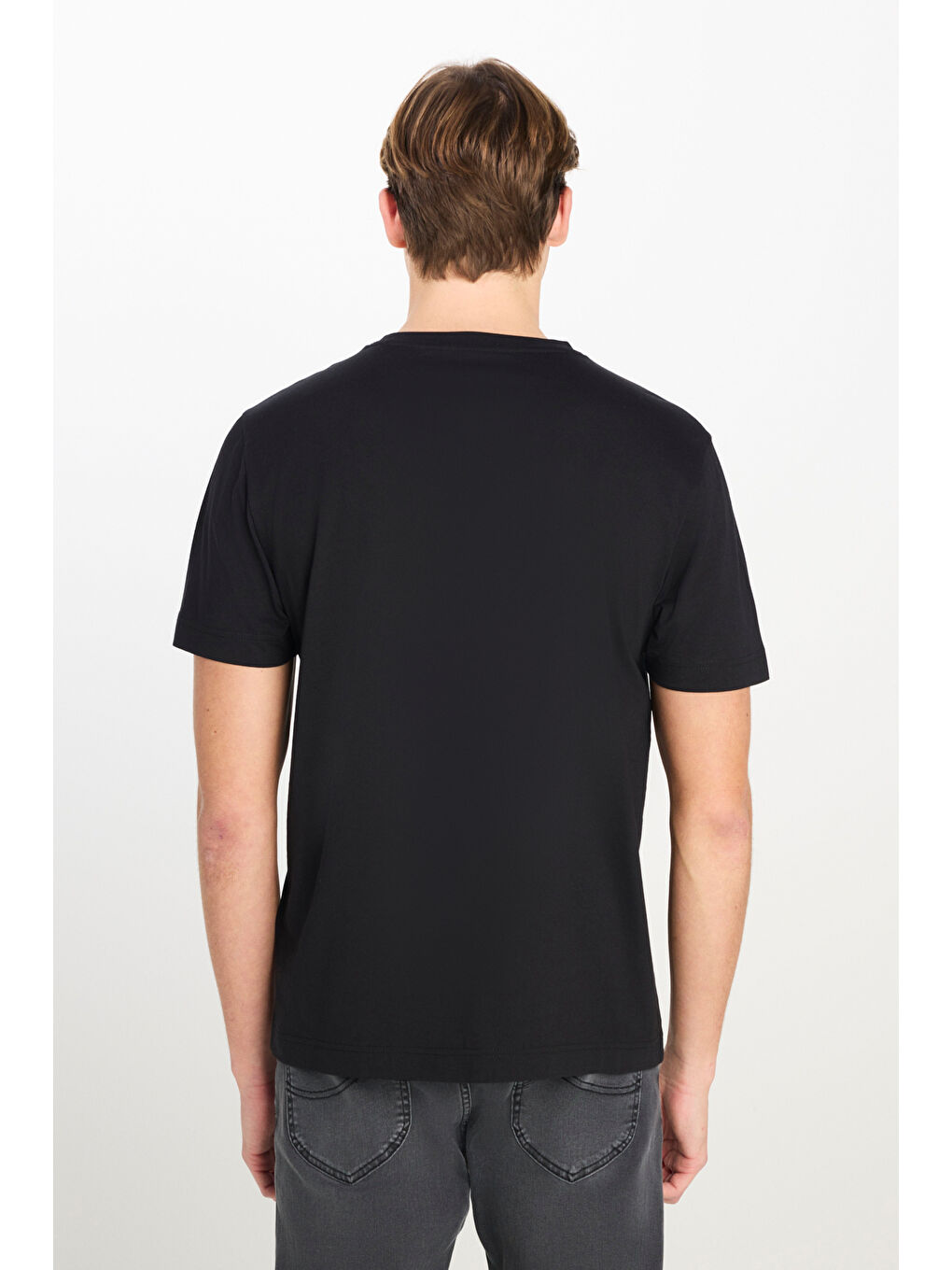 %100 Pamuk Regular Fit Normal Kesim Bisiklet Yaka Baskılı Siyah Tişört-4