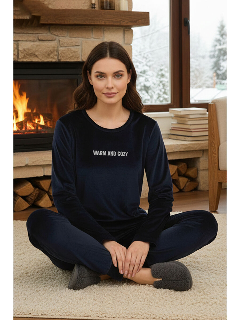 Lacivert Kadın Kadife Kumaş Pijama Takımı 13165-2201 Laci02-3