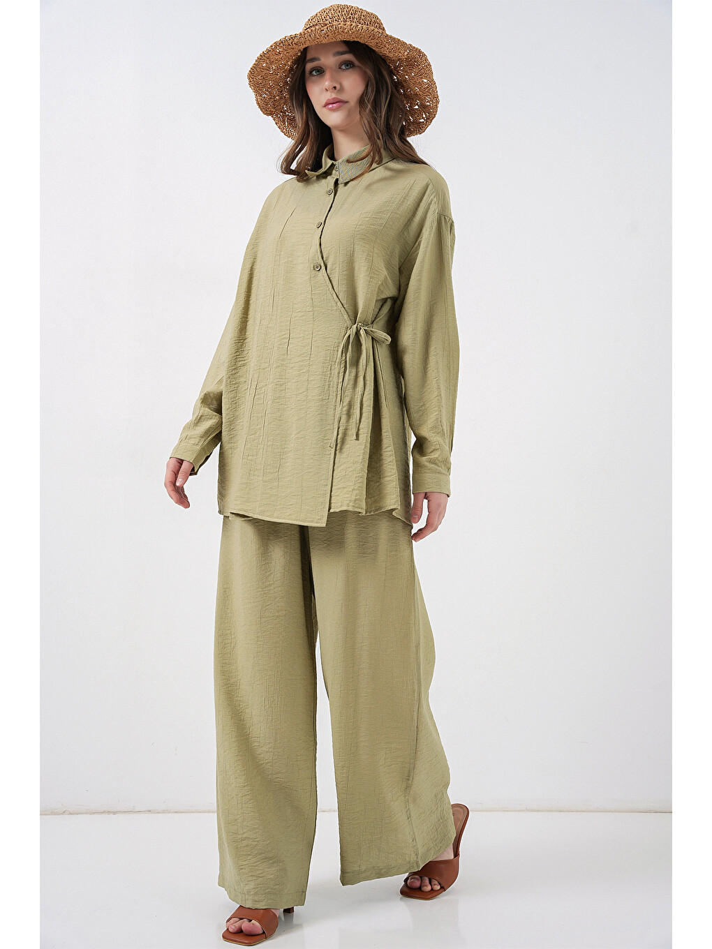 Kadın Bağcıklı Tunik Pantolon İkili Takım 6752 - E.Yeşil-2