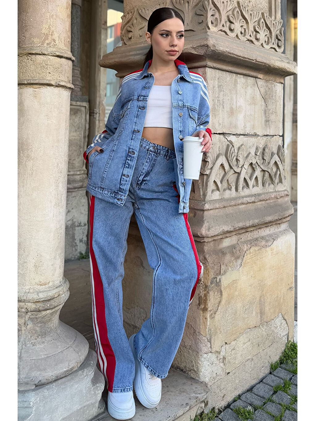 Kırmızı Kadın Jean Garnili Şeritli Ceket Pantolon İkili Takım-1