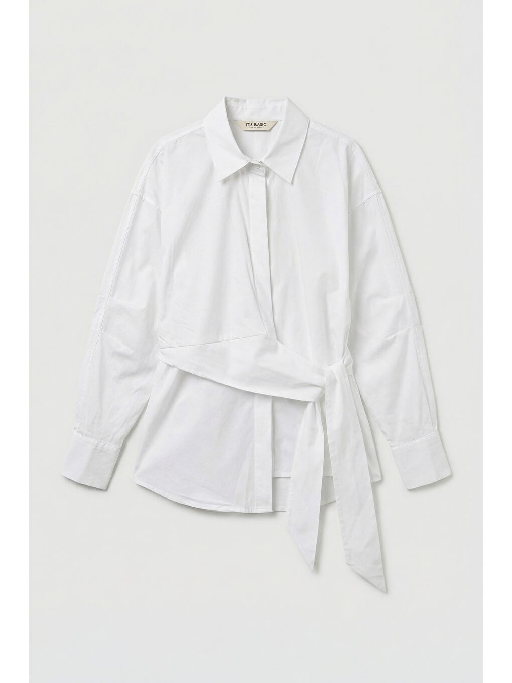 2Kadın Beyaz w5 Oversize Kemer Detaylı Özel Kumaş Tasarım Gömlek-3