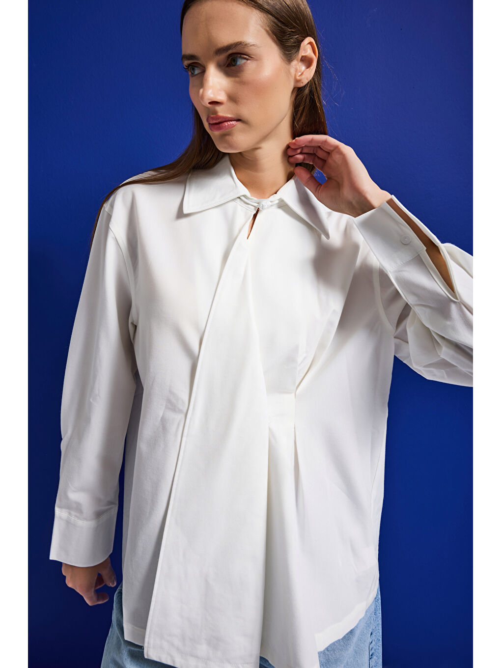 Kadın Beyaz w5 Oversize Özel Pamuk Kumaş Tasarım Gömlek-5