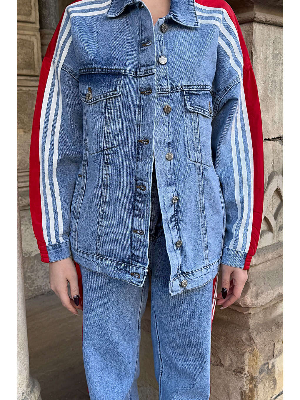 Kırmızı Kadın Jean Garnili Şeritli Ceket Pantolon İkili Takım-2