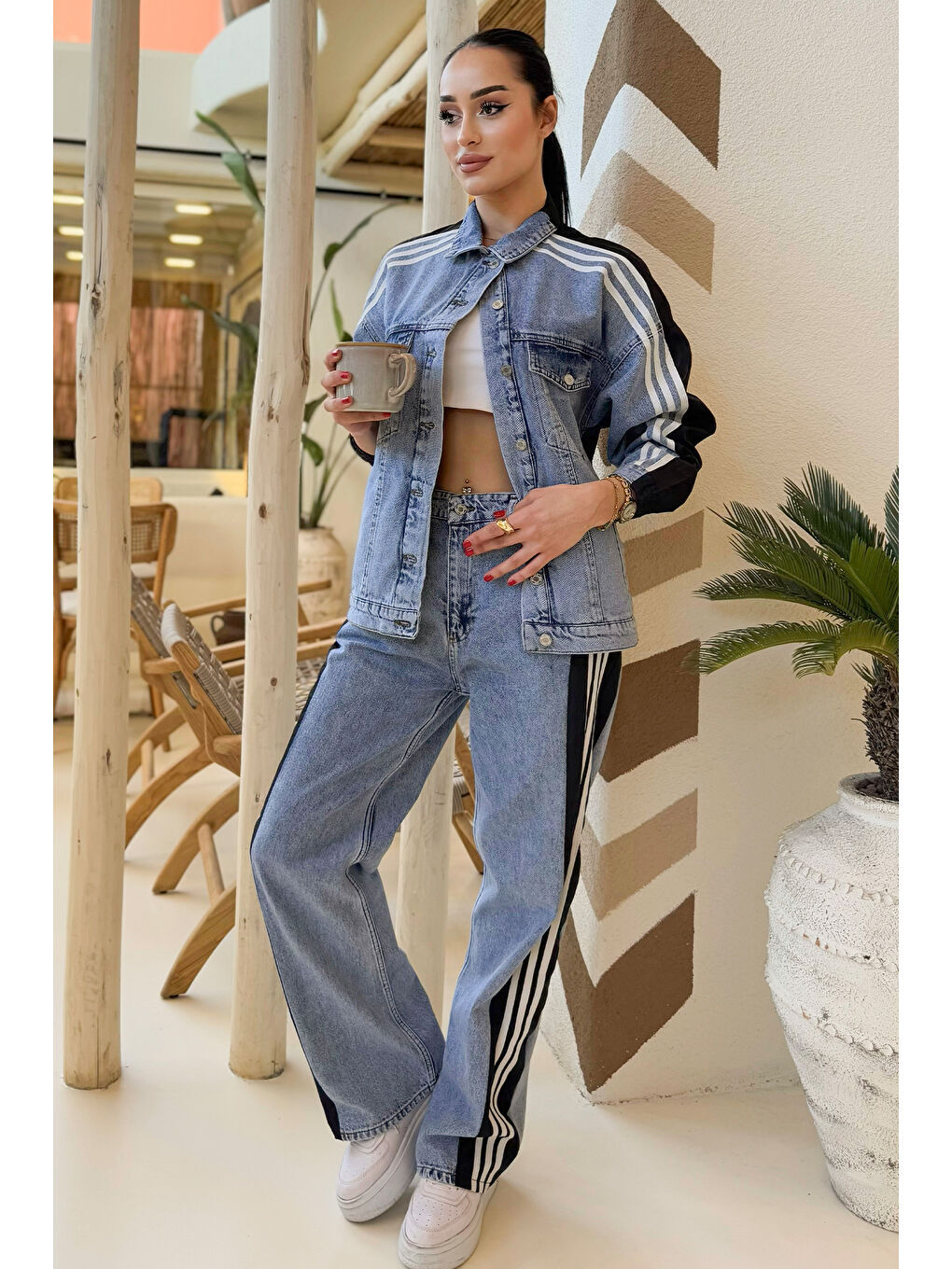 Siyah Kadın Jean Garnili Şeritli Ceket Pantolon İkili Takım-1