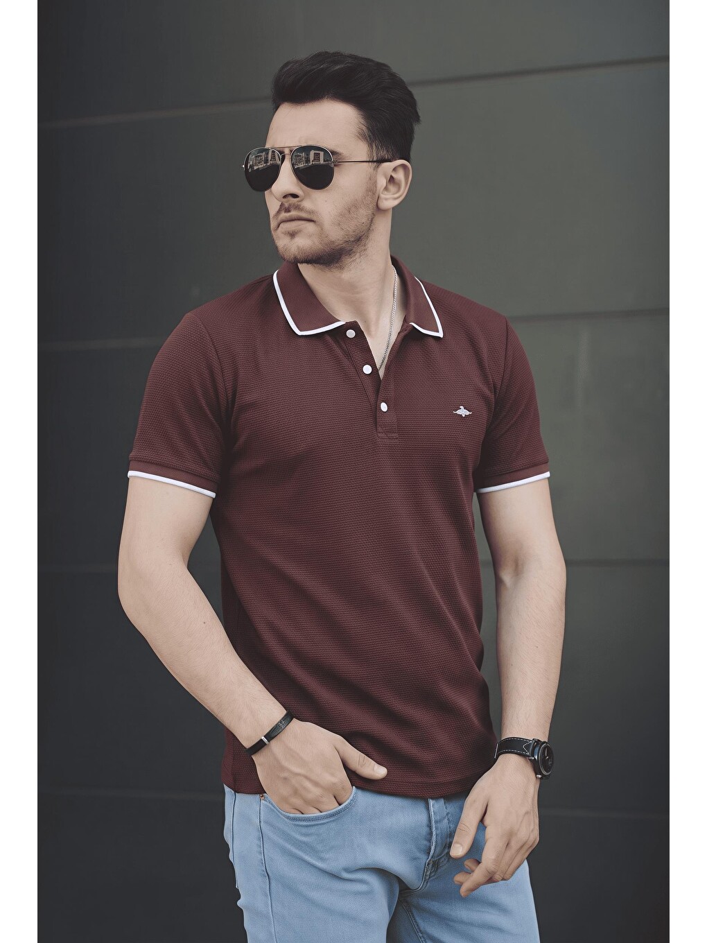 Kahverengi Lufy Çıt Çıtlı Erkek Dokulu Polo Yaka Tişört - Şerit Detaylı-1