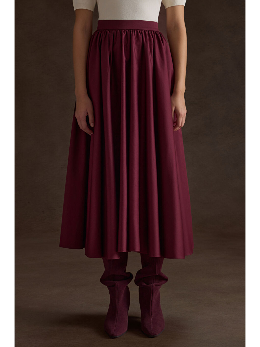 Bordo Büzgülü Kloş Pamuk Etek