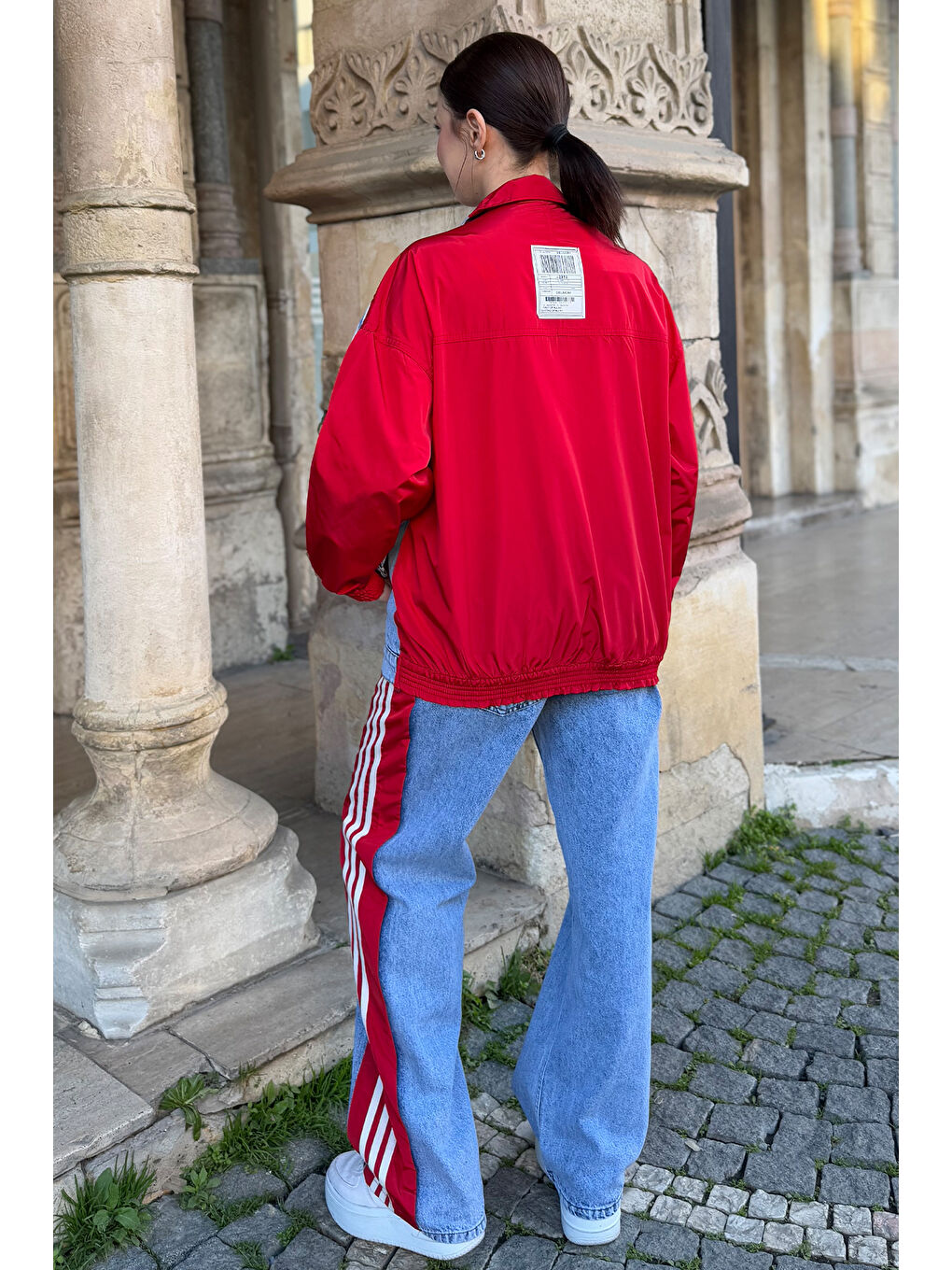 Kırmızı Kadın Jean Garnili Şeritli Ceket Pantolon İkili Takım-3