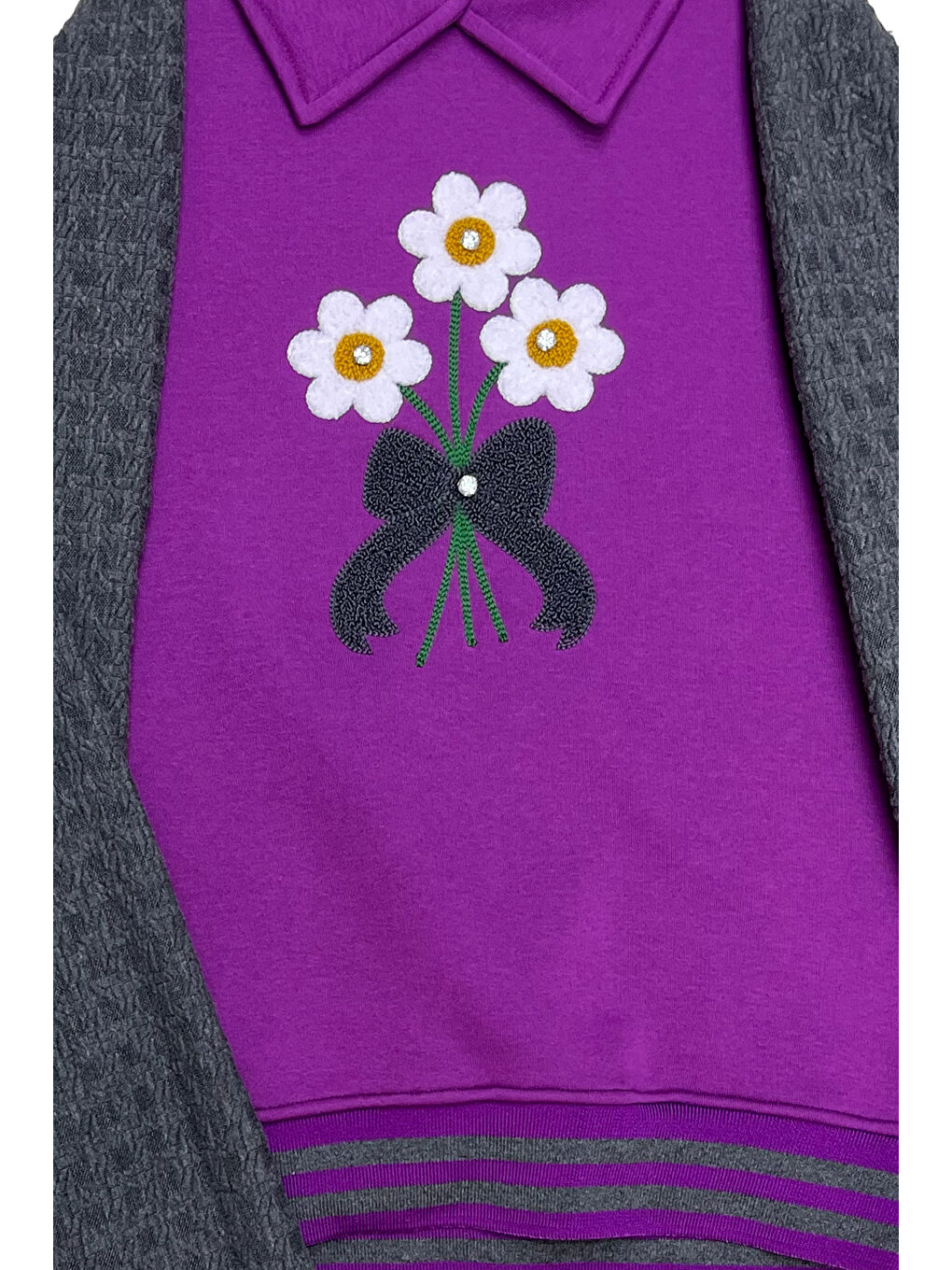 Lila Kız Çocuk Papatya Nakışlı Ribana Detaylı 3 İplik Alt- Üst Takım 12322-3