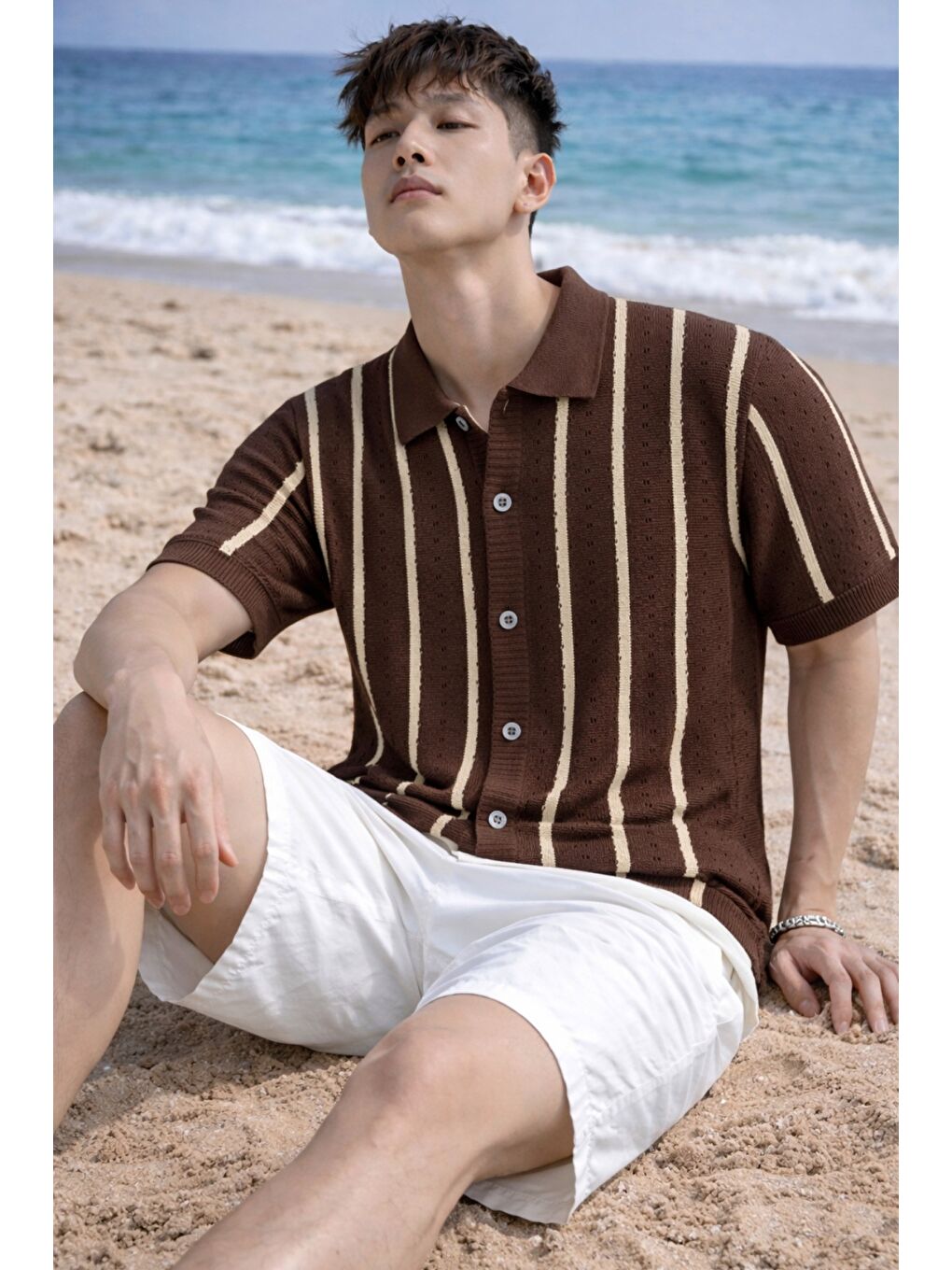 Kahverengi Çizgili Erkek Triko Gömlek Yaka Hırka Yazlık Rahat Kesim-1