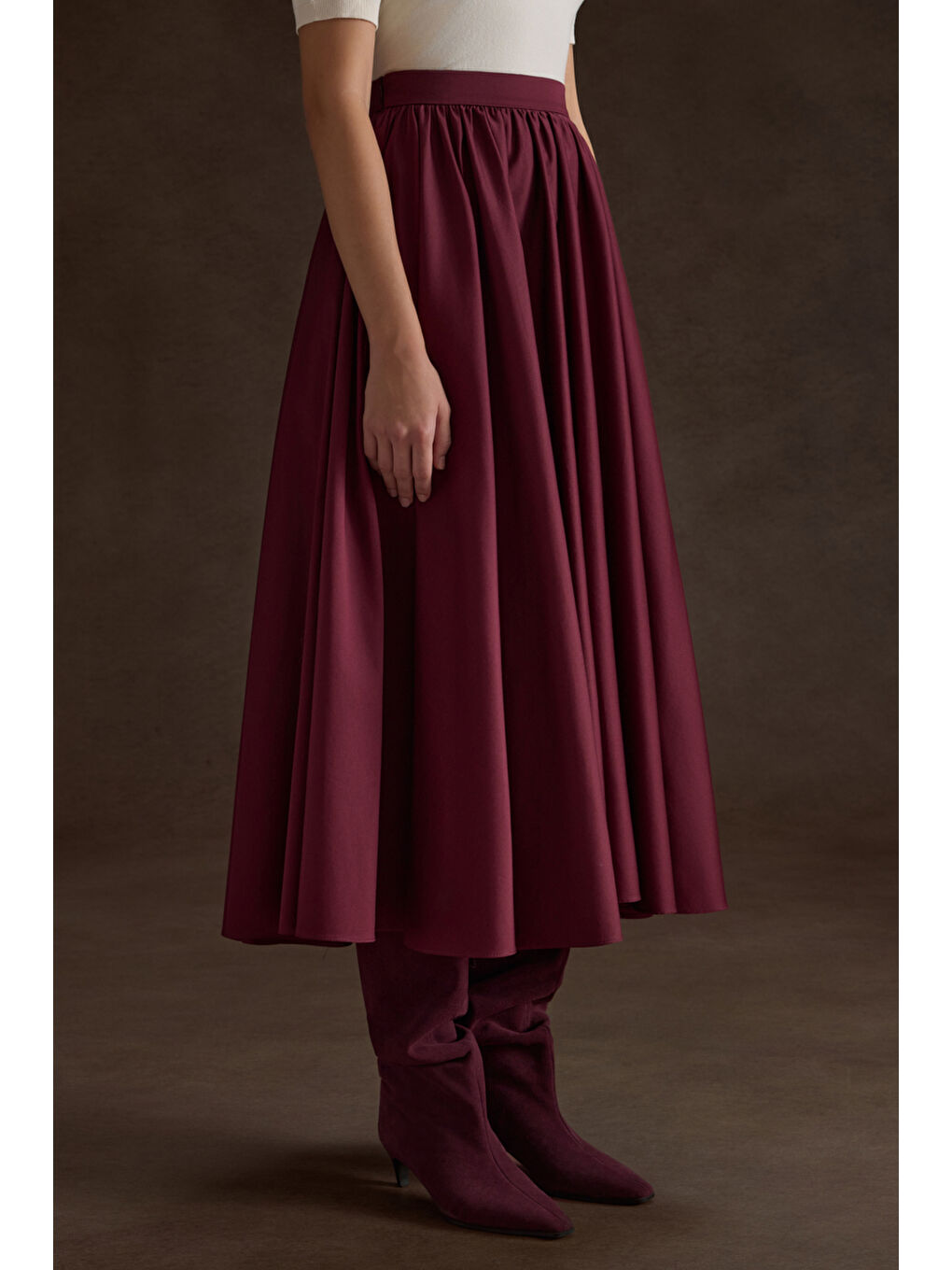 Bordo Büzgülü Kloş Pamuk Etek-1