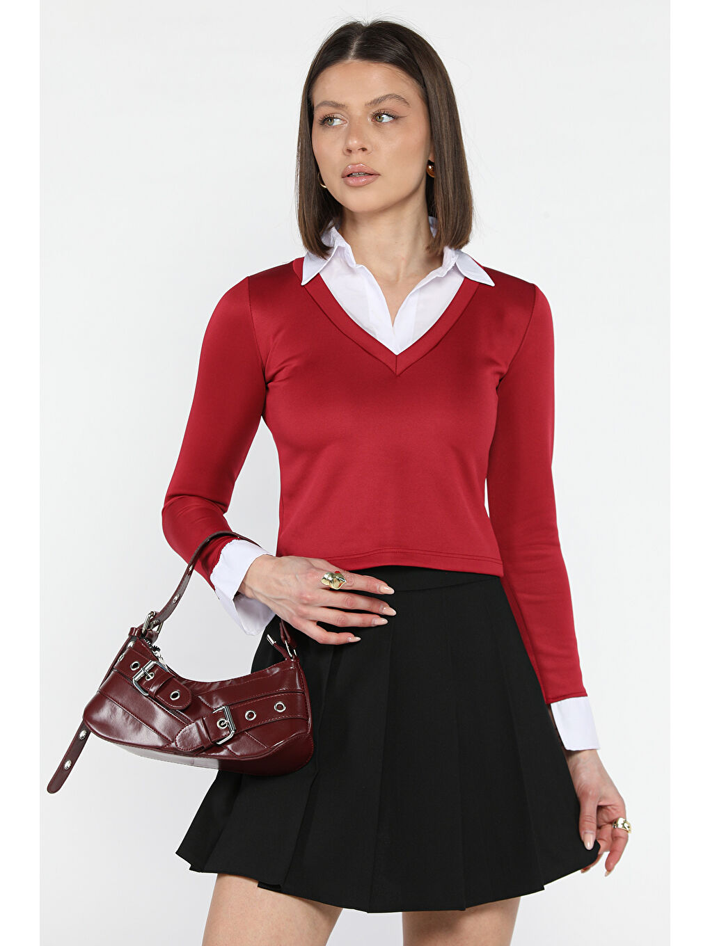 Gülseli Bordo Kadın Gömlek Garnili Crop Bluz