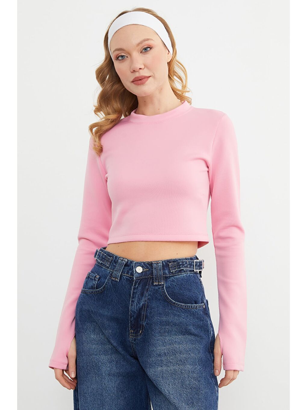 Pembe Basic Bisiklet Yaka Parmak Geçmeli Crop Bluz-1