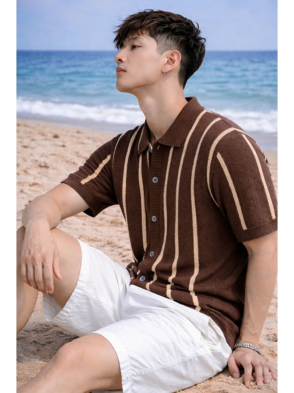 Kahverengi Çizgili Erkek Triko Gömlek Yaka Hırka Yazlık Rahat Kesim-2