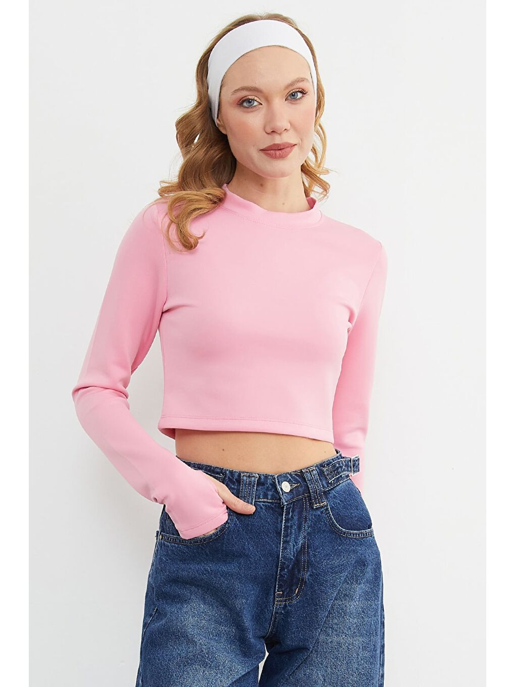 Pembe Basic Bisiklet Yaka Parmak Geçmeli Crop Bluz-2