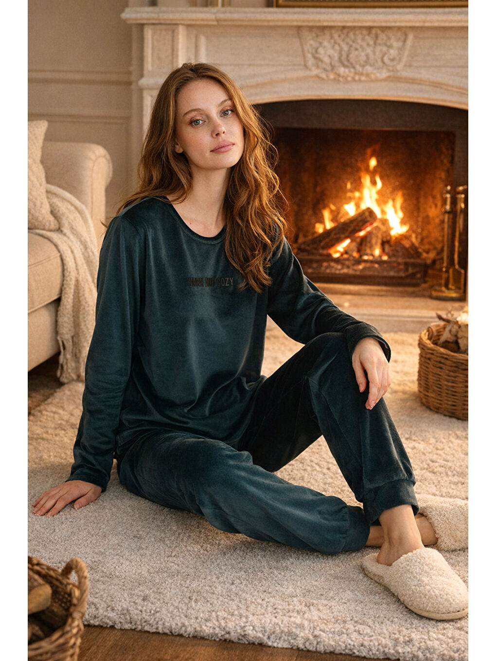 Siyah Kadın Kadife Kumaş Pijama Takımı 13165-2197 Petrol01-2