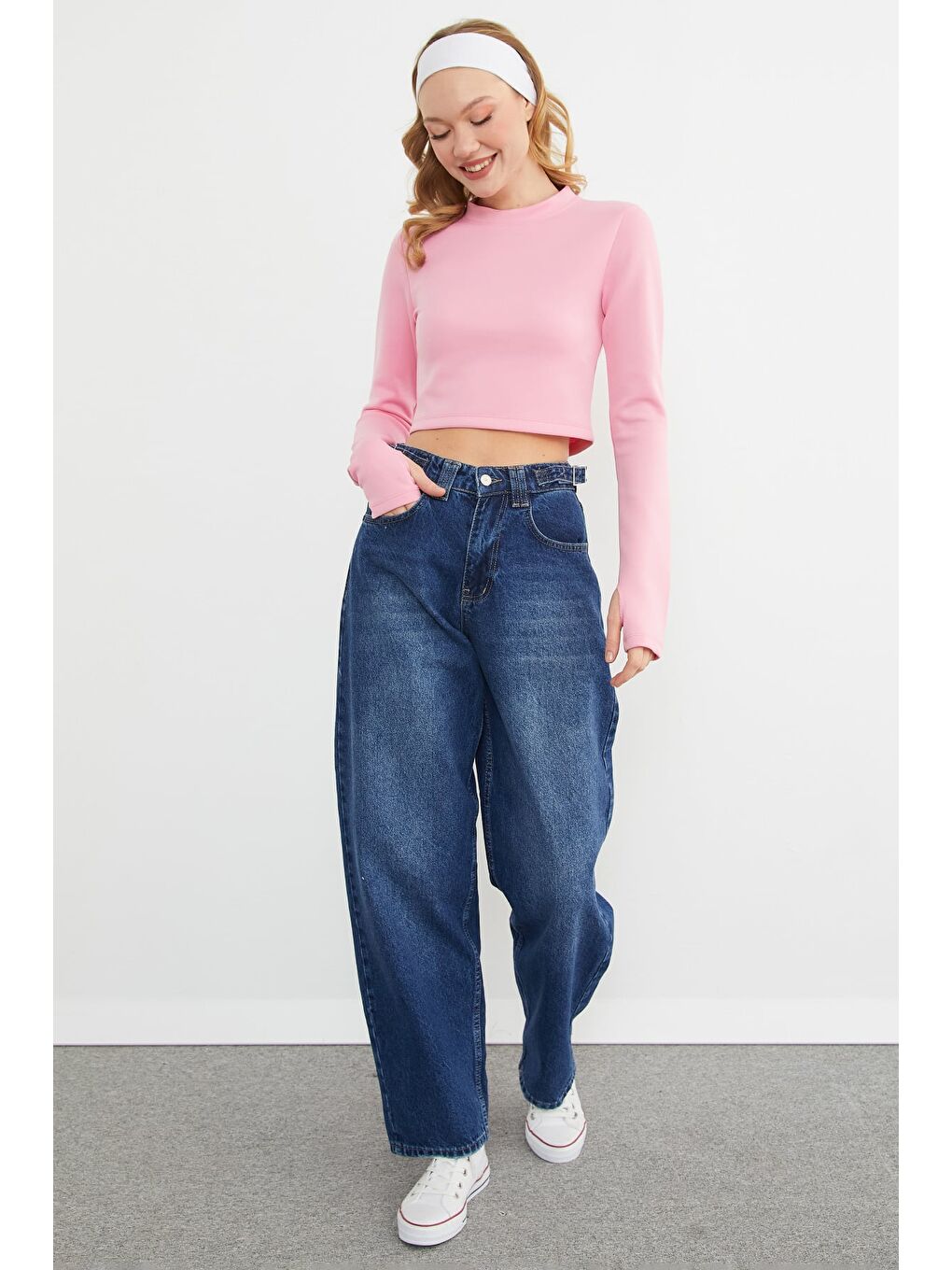 Pembe Basic Bisiklet Yaka Parmak Geçmeli Crop Bluz-3