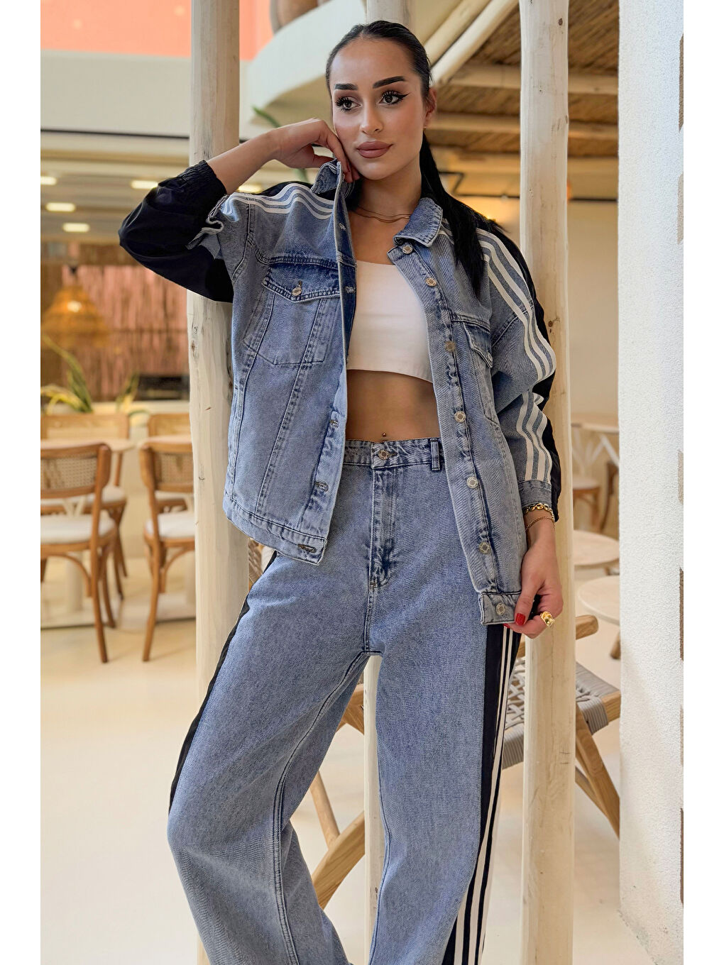 Siyah Kadın Jean Garnili Şeritli Ceket Pantolon İkili Takım-2