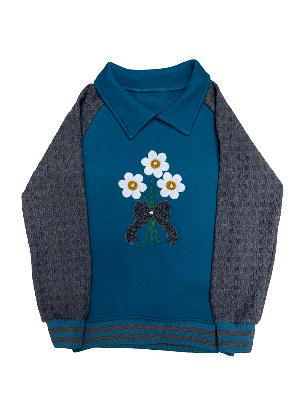 Petrol Kız Çocuk Papatya Nakışlı Ribana Detaylı 3 İplik Alt- Üst Takım 12322-1