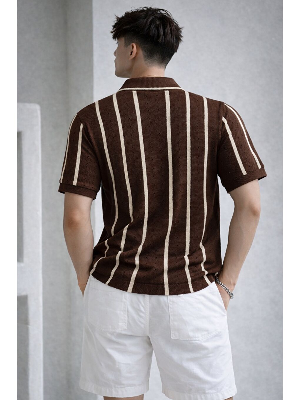 Kahverengi Çizgili Erkek Triko Gömlek Yaka Hırka Yazlık Rahat Kesim-3