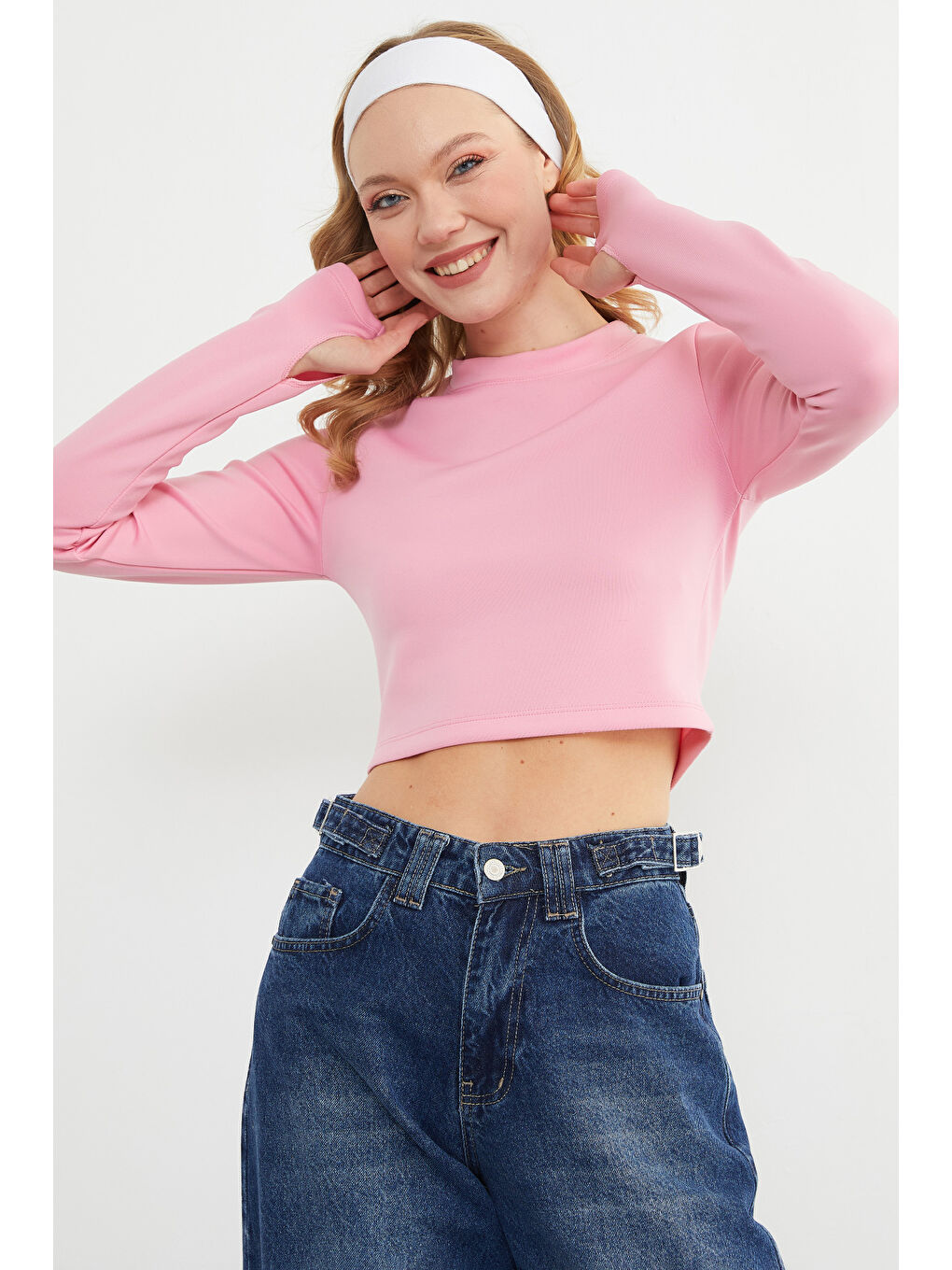 Pembe Basic Bisiklet Yaka Parmak Geçmeli Crop Bluz-4