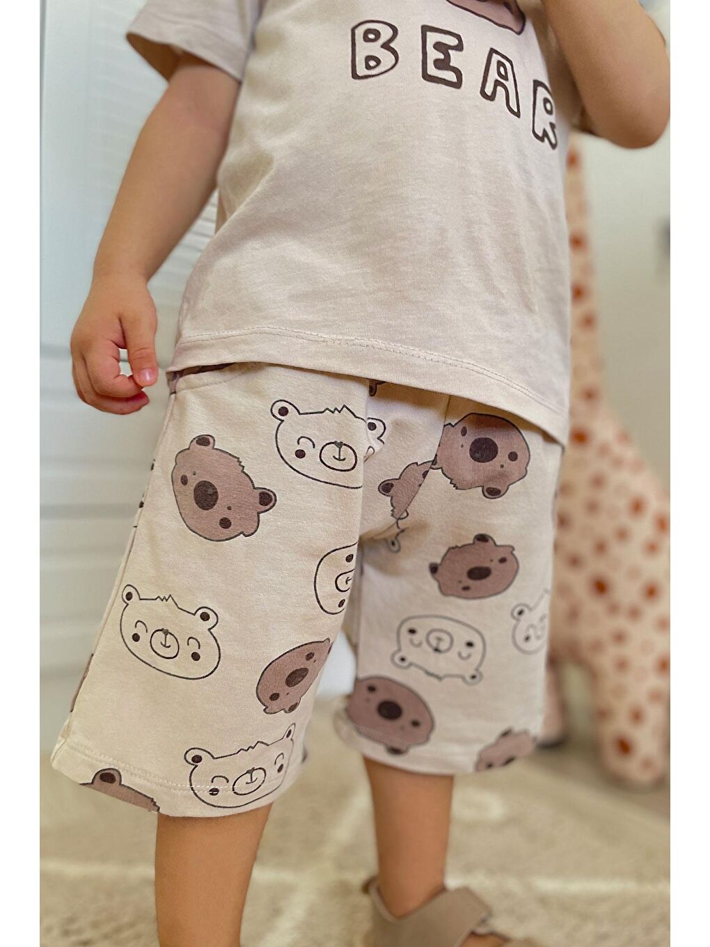 Erkek Bebek Şortlu Takım Havalı Ayıcık Baskılı Bej (9 Ay-3 Yaş)-1