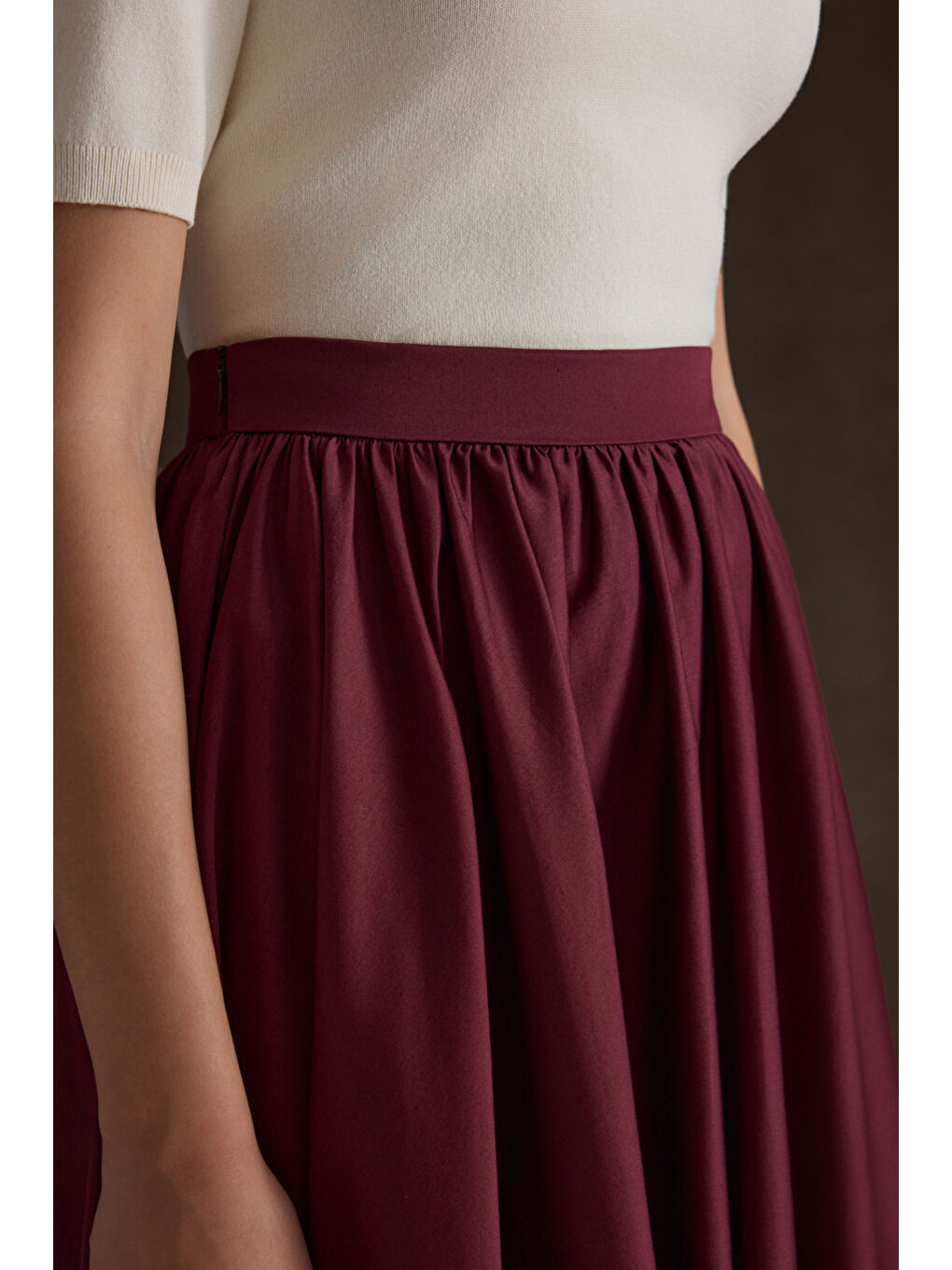 Bordo Büzgülü Kloş Pamuk Etek-2