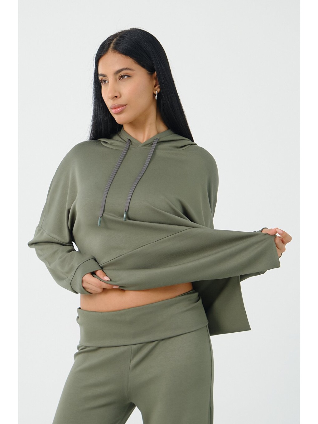 Yeşil Çağla Kadın Kapüşonlu Salaş Takım Oversize Sweat ve Geniş Paça Alt-5
