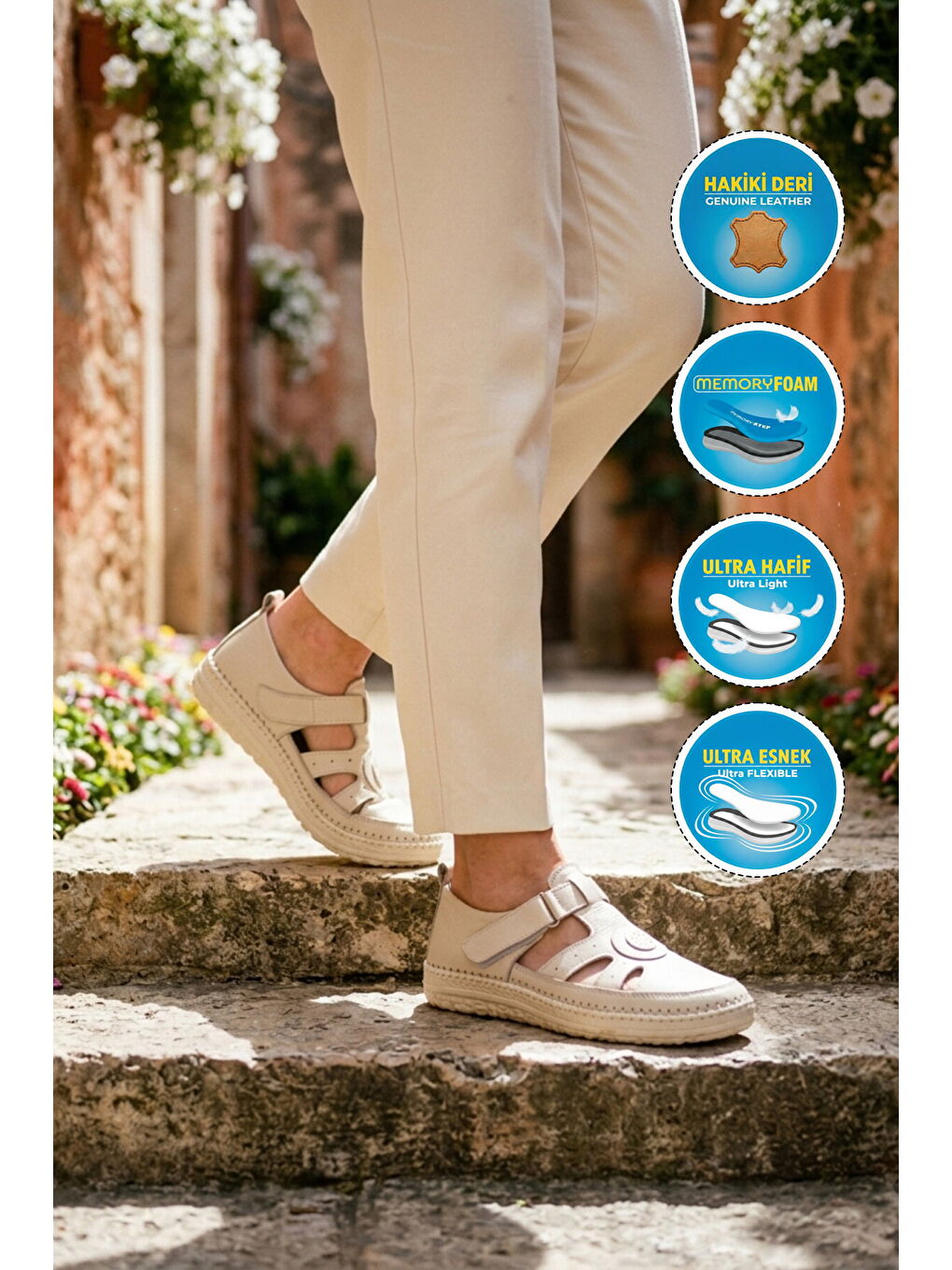 Ekru Hakiki Deri Anatomik Kadın Casual Ayakkabı Z520 Z-2
