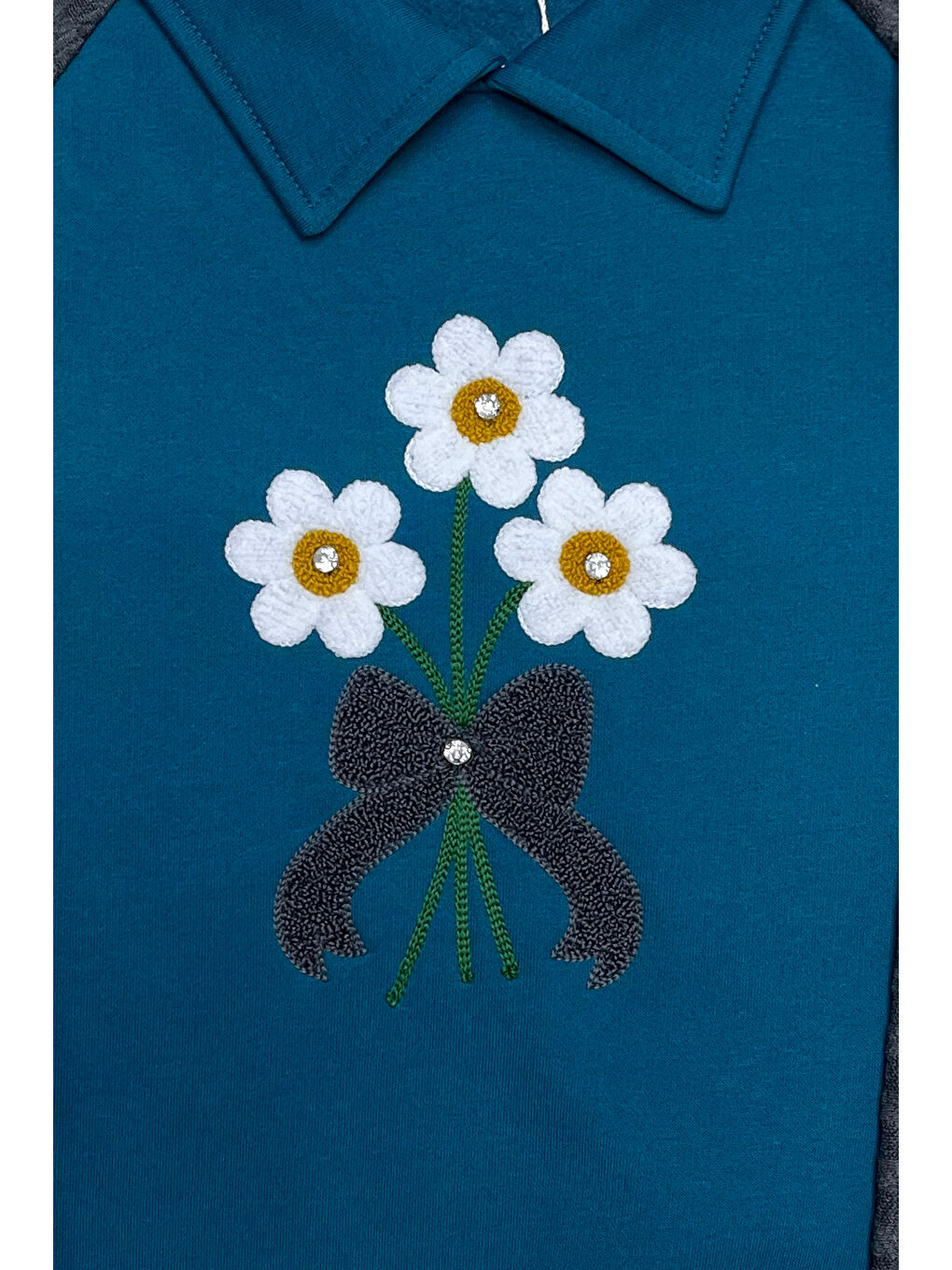 Petrol Kız Çocuk Papatya Nakışlı Ribana Detaylı 3 İplik Alt- Üst Takım 12322-3