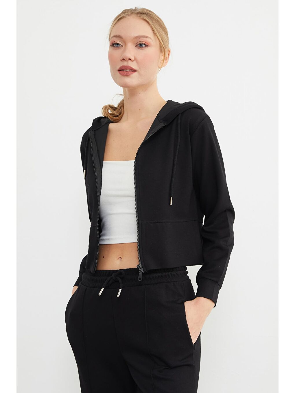 Siyah Basic Kapüşonlu Çimalı Modal Eşofman Takımı-2