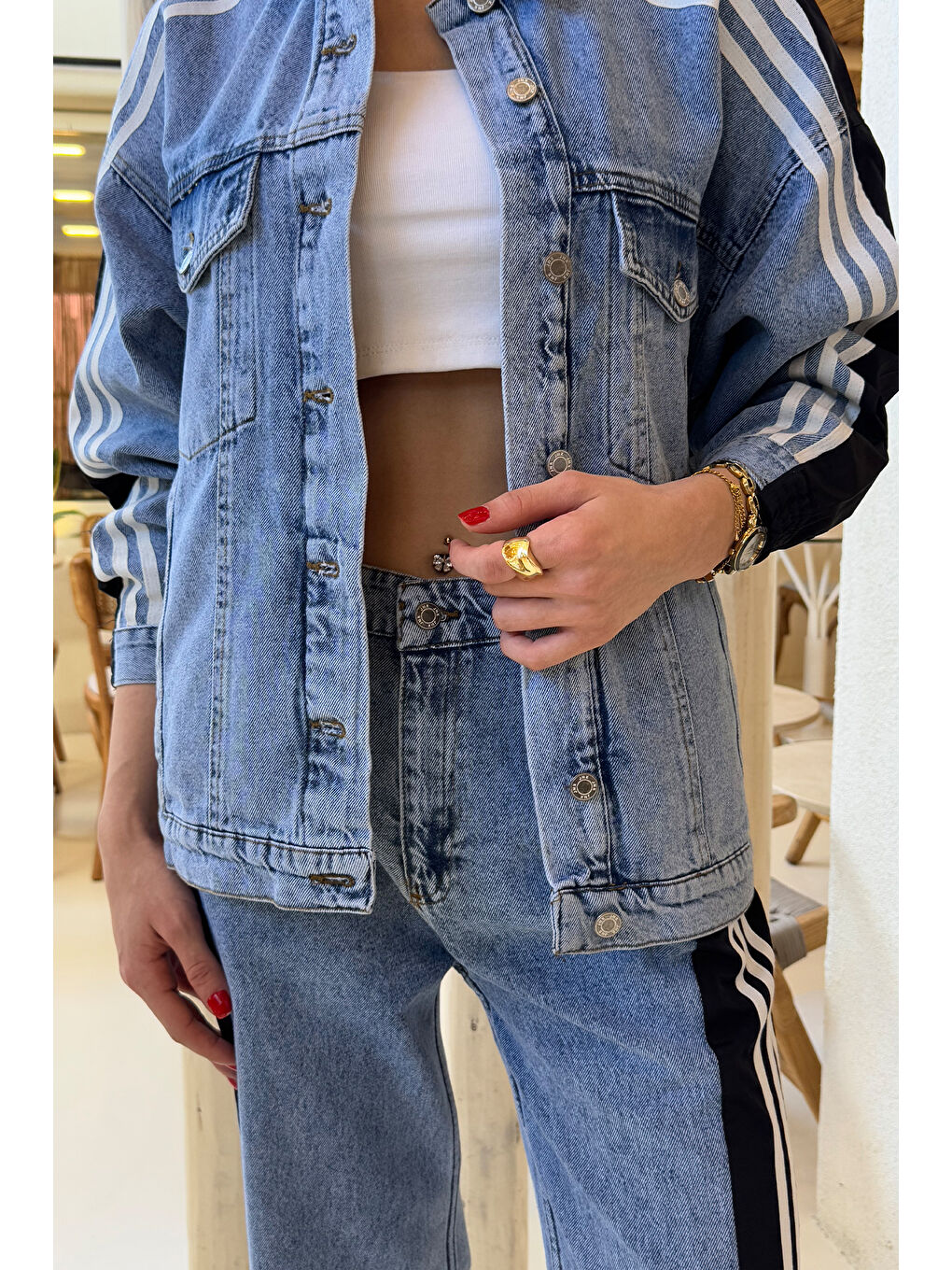 Siyah Kadın Jean Garnili Şeritli Ceket Pantolon İkili Takım-3