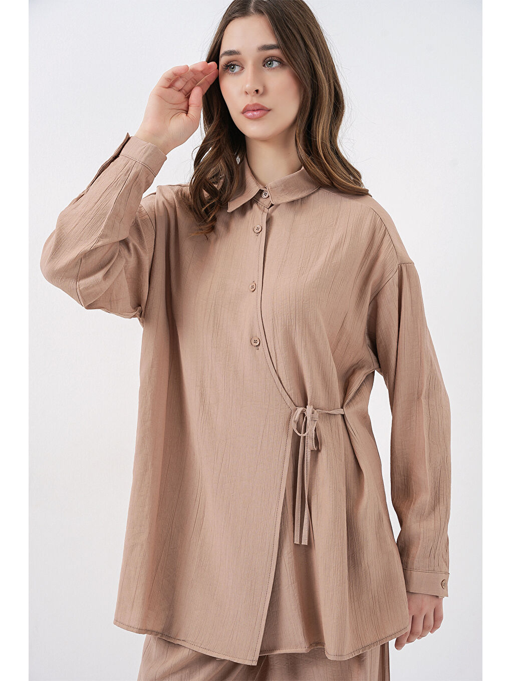 Kadın Bağcıklı Tunik Pantolon İkili Takım 6752 - Bej-1