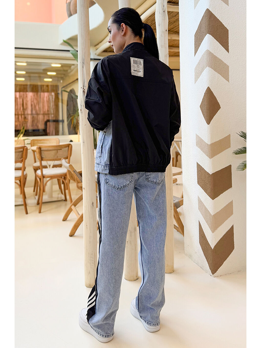 Siyah Kadın Jean Garnili Şeritli Ceket Pantolon İkili Takım-4