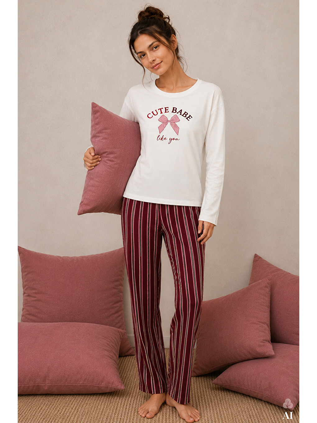 Haki Kadın Pamuklu Çizgili Desenli Baskılı Uzun Kollu Pijama Takımı-1