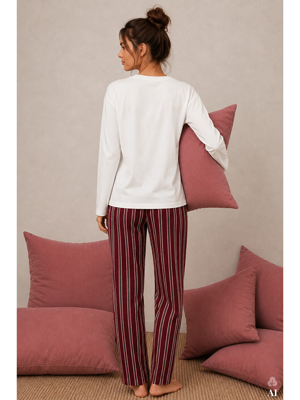 Haki Kadın Pamuklu Çizgili Desenli Baskılı Uzun Kollu Pijama Takımı-2