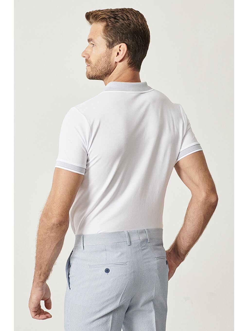 Beyaz 5'li Paket Pamuklu Kumaş Slim Fit Polo Yaka Tişört-11