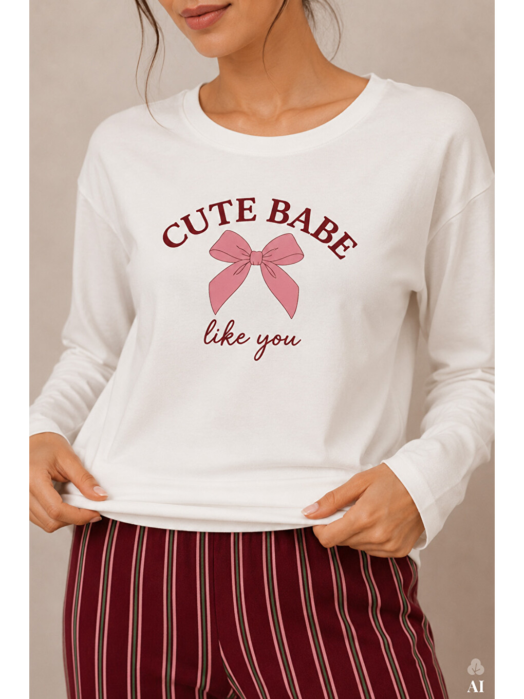 Haki Kadın Pamuklu Çizgili Desenli Baskılı Uzun Kollu Pijama Takımı-3