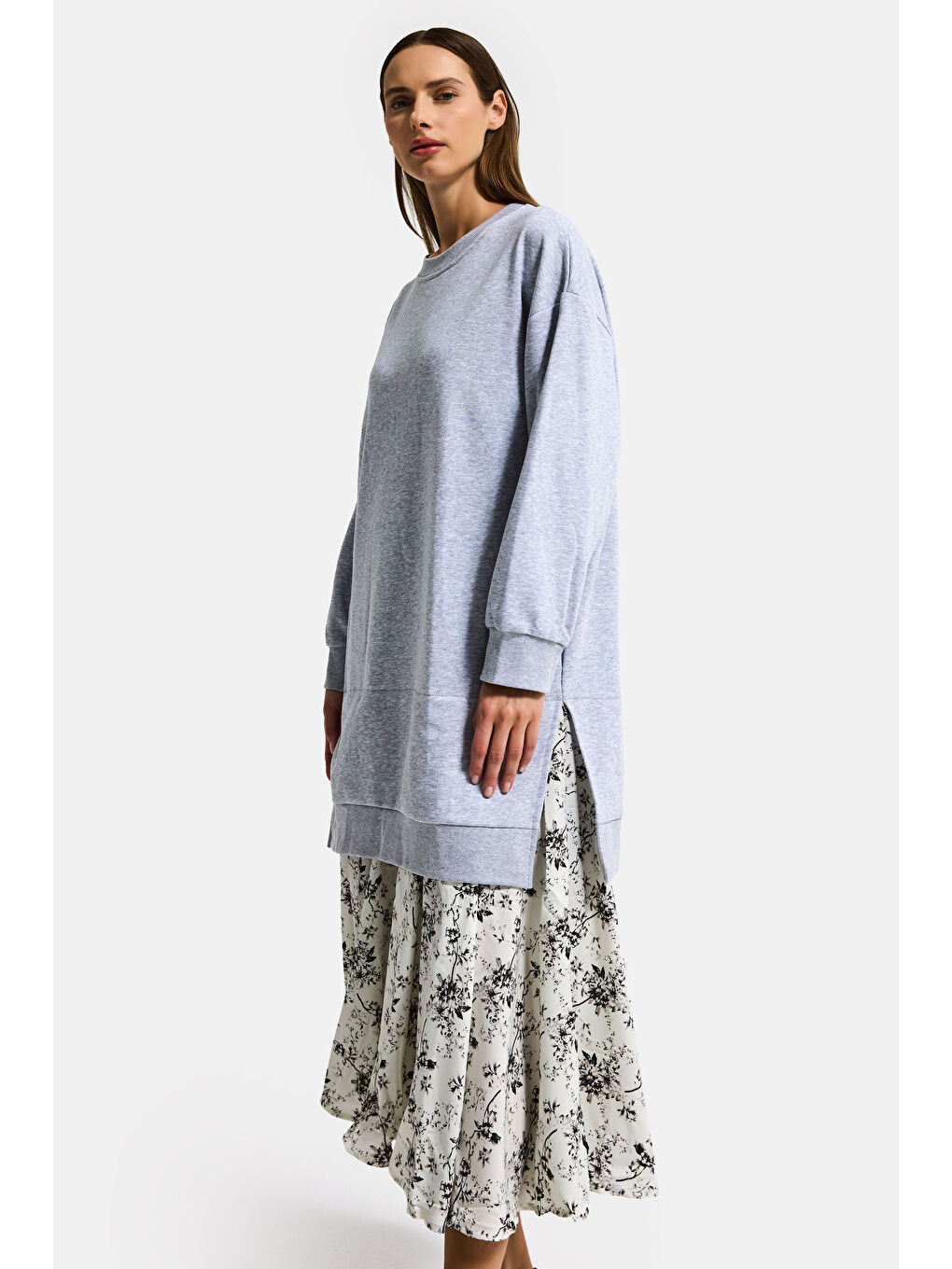 Kadın Gri w5 Sweatshirt Etek Tek Parça Tasarım Elbise-1