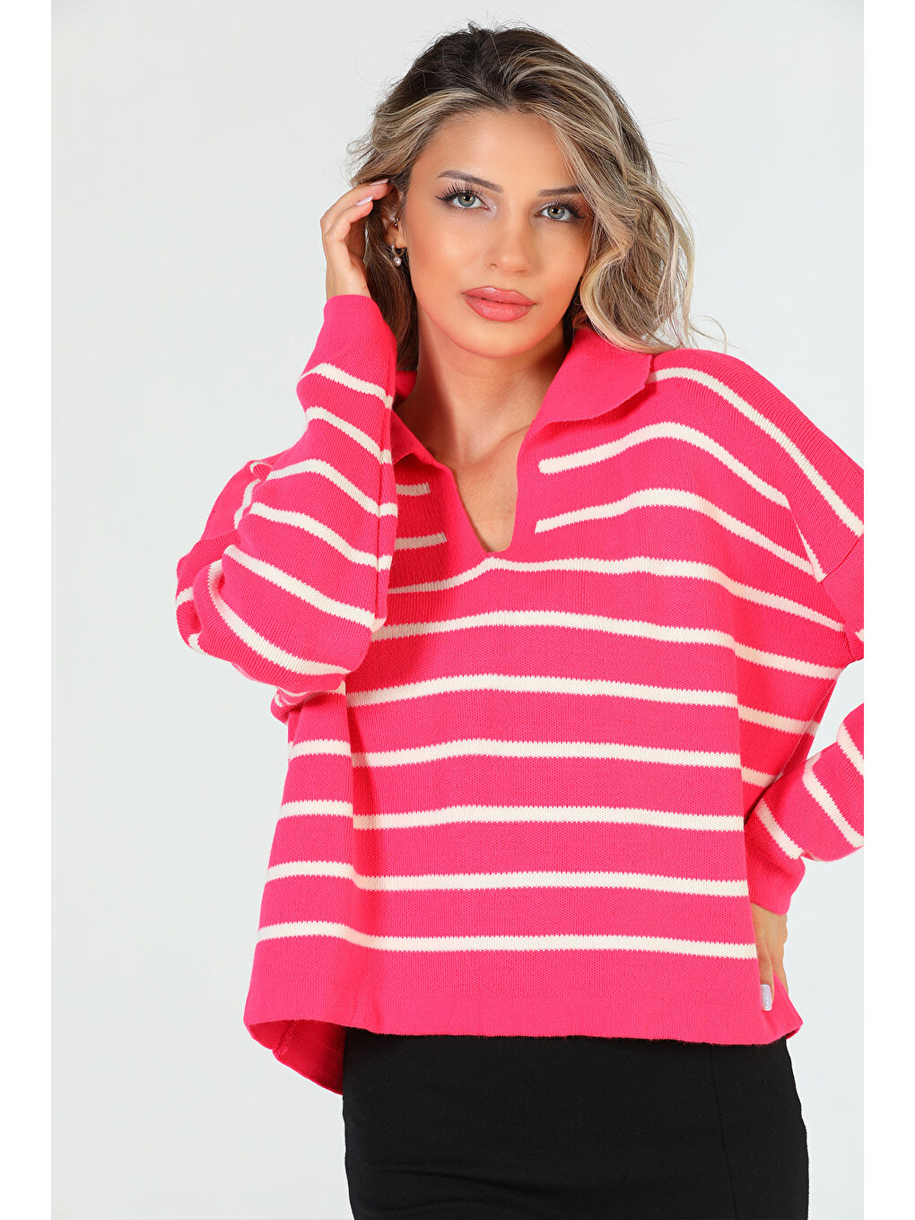 Fuşya Kadın Gömlek Yaka Çizgili Triko Bluz-1