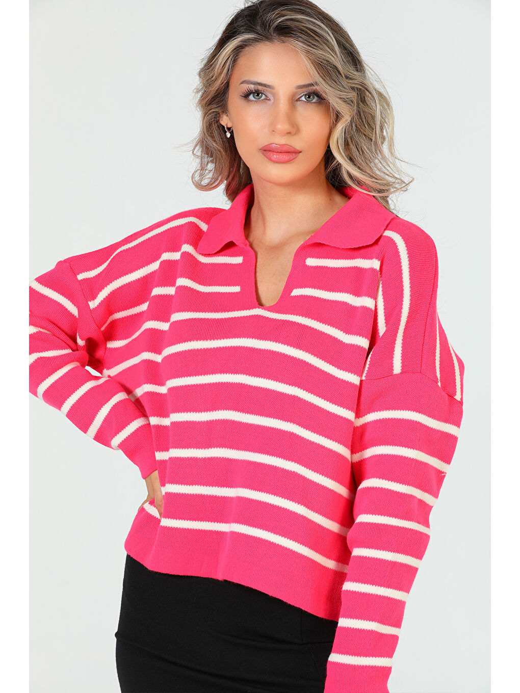 Fuşya Kadın Gömlek Yaka Çizgili Triko Bluz-2