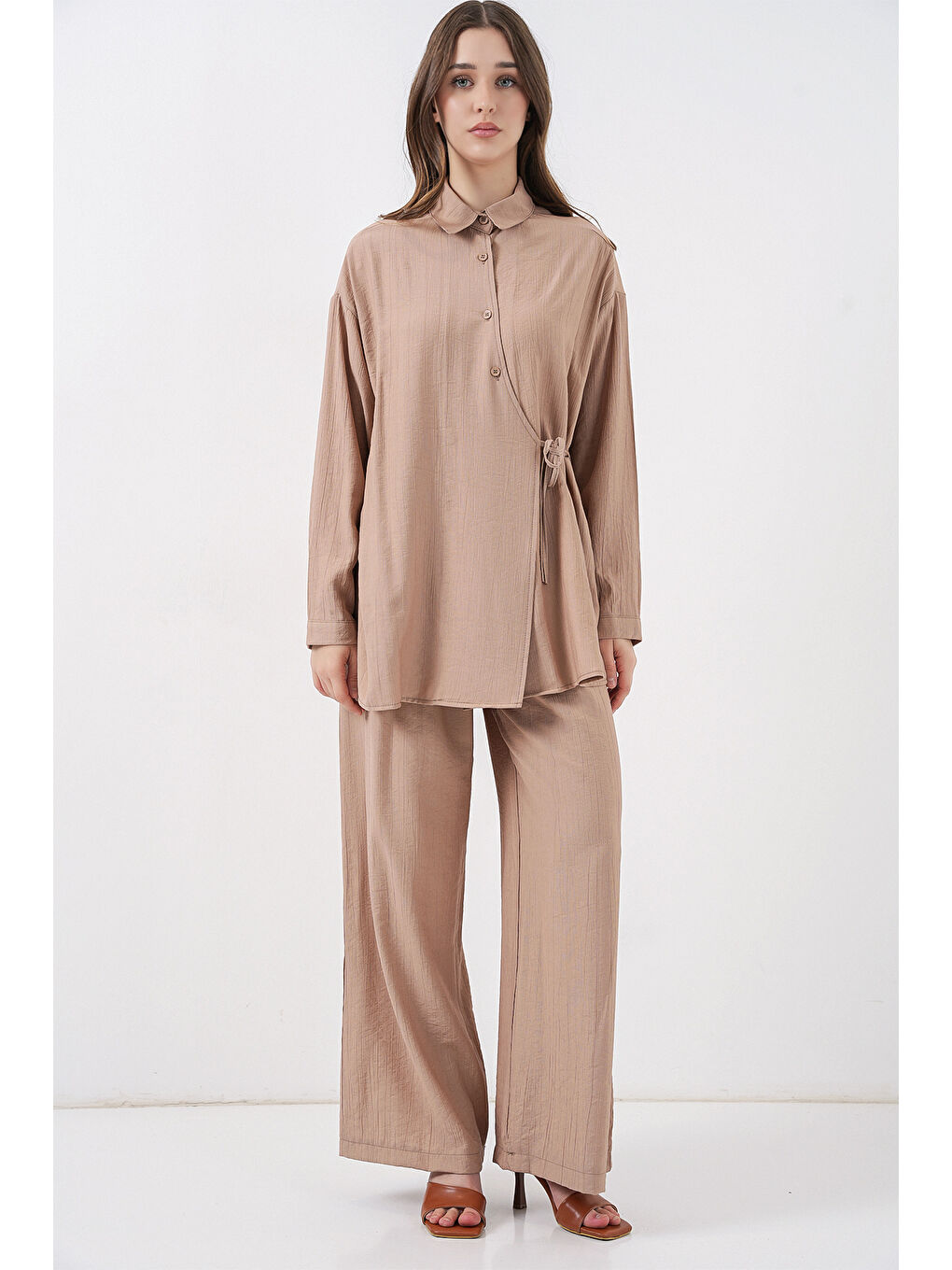 Kadın Bağcıklı Tunik Pantolon İkili Takım 6752 - Bej-4
