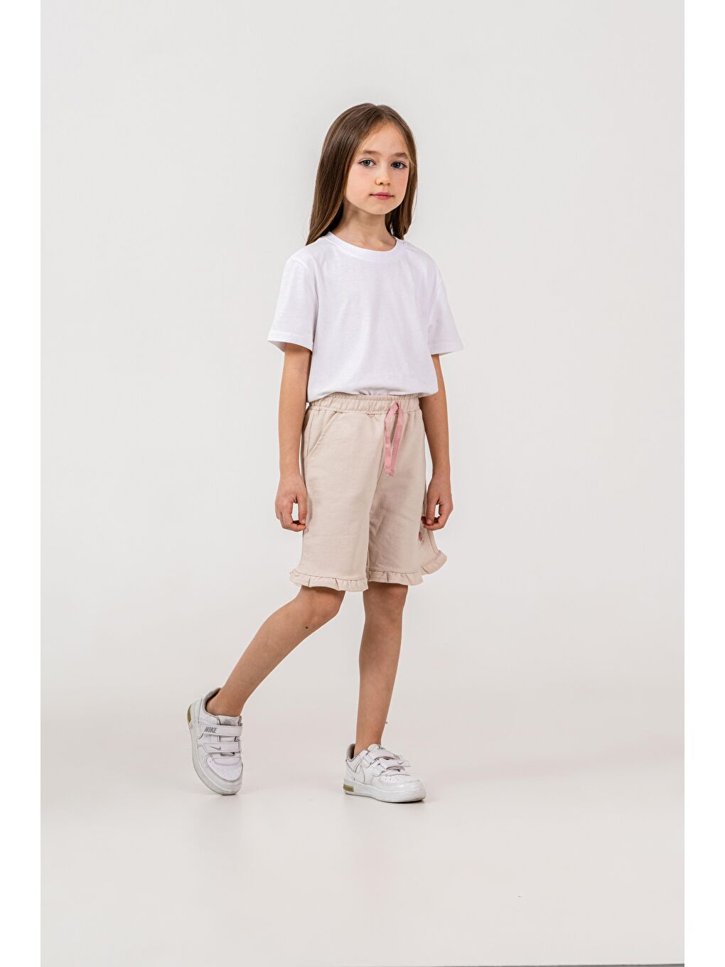 Bej Fırfırlı Kiraz Baskılı Kız Çocuk Şort-1